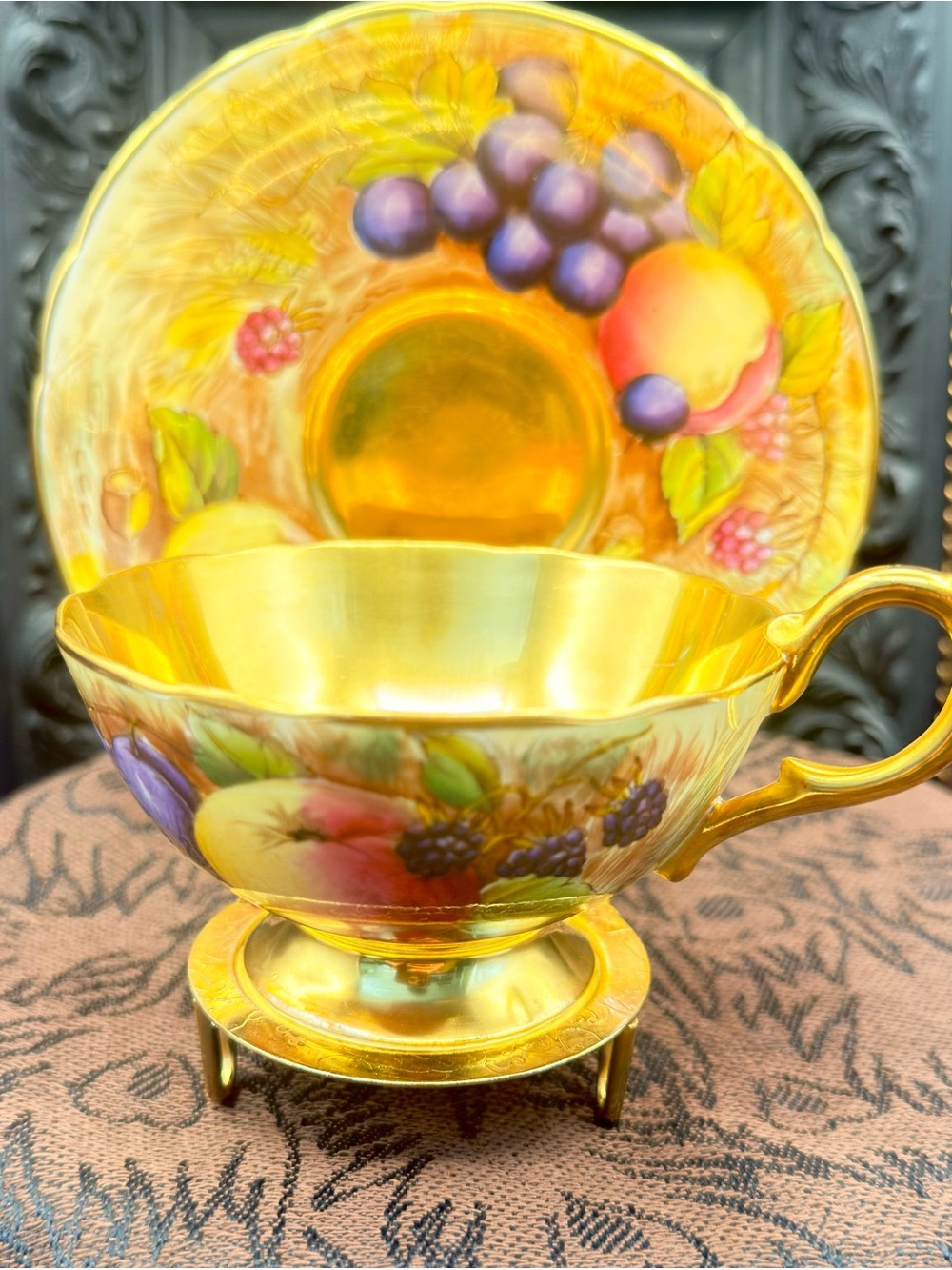 Aynsley signed fruit themed teacup saucer set signed N Brunt